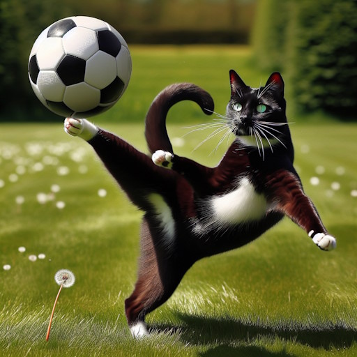 Un gato jugando fútbol (standard, vivid)