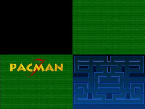 Los fondos de las cuatro escenas de JPacman: la escena para jugar tiene el laberinto pintado en el fondo, la introducción tiene un fondo negro, los menús tienen un fondo (horrible) de ladrillos verdes, y el menú principal tiene el nombre del juego superpuesto.