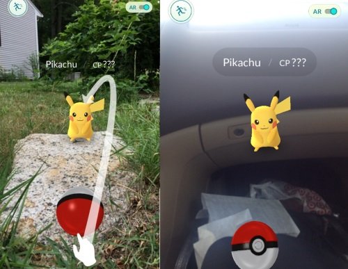 En la práctica, los Pokémones en Pokémon GO simplemente son imágenes sobrepuestas a lo que muestra la cámara. Hay una pequeña y difusa sombra bajo ellos que, a veces, parece estar realmente sobre una superficie.